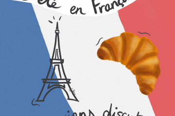 Eiffelturm und Croissant vor der französischen Flagge
